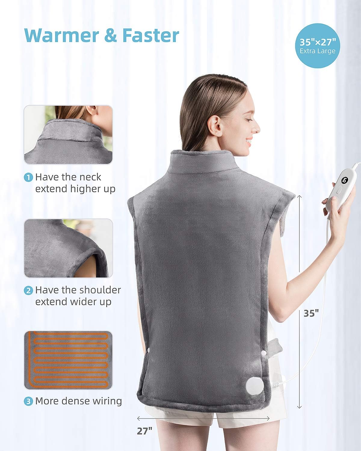 iTeknic Heating Pad for Back Pain Relief, [35"x27"] Extra Large Heating Pad for Neck and Shoulders with Auto Shut Off, 6 Temperature Settings, Fast Heating - Electric Heat Pad for Cramps Gray: Health & Personal Care