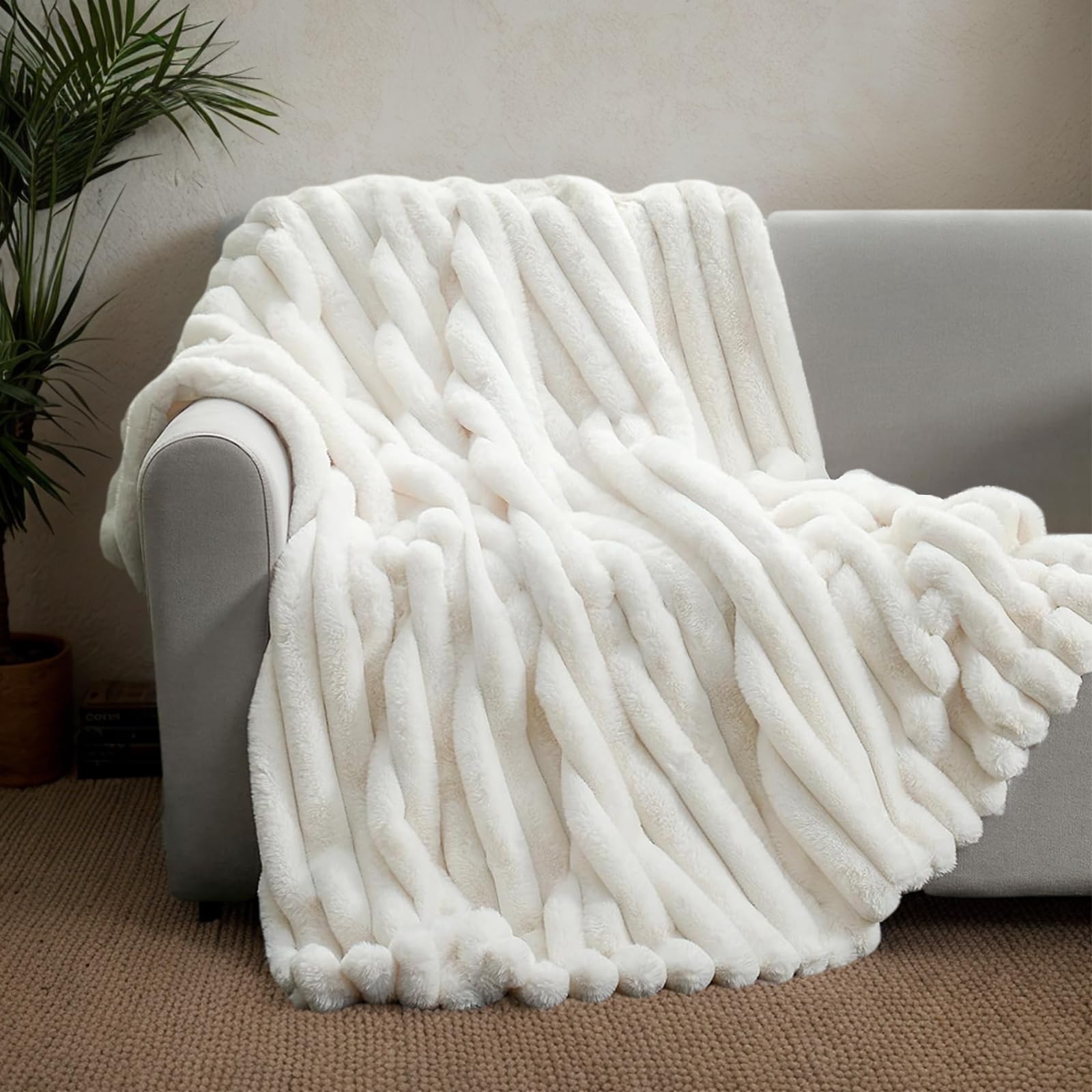 Topchances Rabbit Plush Blanket,360GSM/180GSM Double Layer Fabric Multifunctional Four Seasons Super Soft Comfortable Throw Blanket Fluffy Bed Blanket for Sofa Bed,Armchair(Off-White,130×160cm)