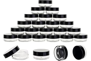 HPPFFY 25 Count 3 Gram Sample Containers, Clear Lip Balm Containers with Lids, Small Plastic Sample Jars with 2 Mini Spoons, 25pcs Labels (Black Lid)