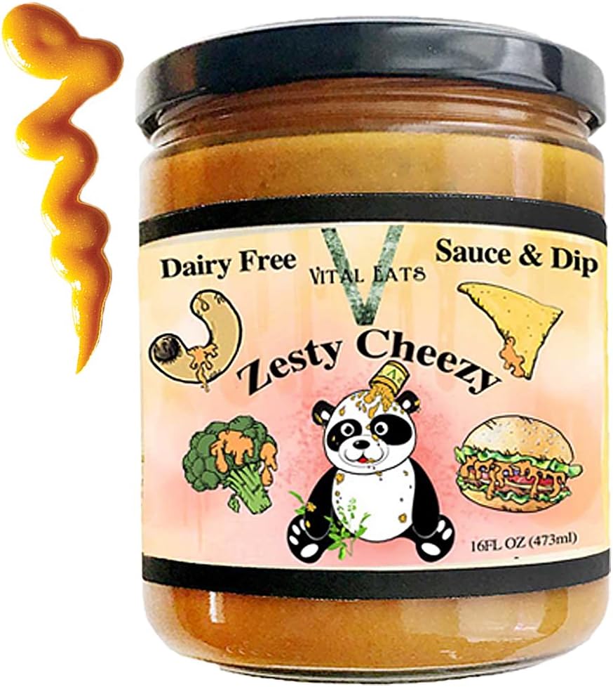 ZESTY CHEEZY by Vital Eats - Dairy Free, Nut Free, Soy Free Dip/Sauce WORLDS FIRST vegan, tomato chickpea, vegetable based tangy savory flavor with jalapeño. On Nachos Veggies Potatos Burgers.....