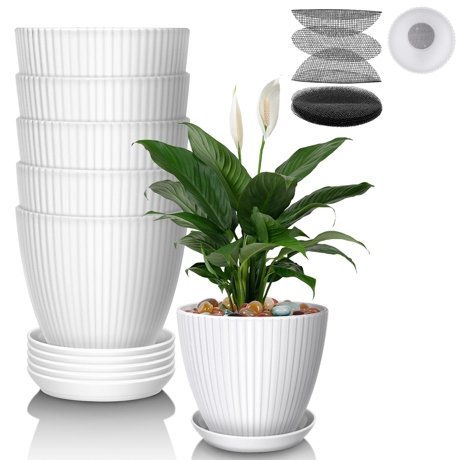 IHKFEILAN 11cm Plant Pots Indoor, 6 Pack Plastic Plant Pots, with 10 Pack Flower Planter Mesh Pad, Indoor Outdoor Flower Planter with Drainage Hole and Saucer for All House Plants (White)