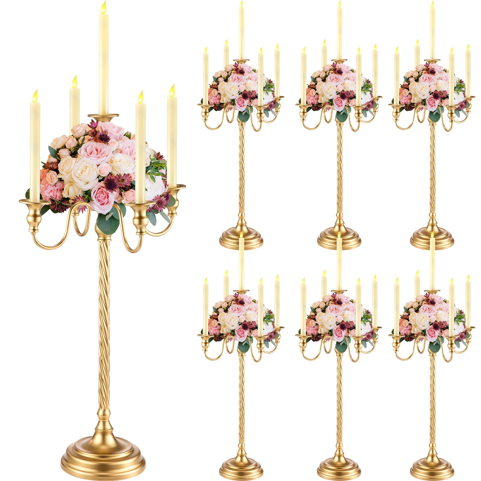 Photo 1 of Tanlade 6 Pack Gold Candelabra Table Centerpieces Tall Candelabra Wedding Metal Candle Holder 5 Arm Taper Candlestick Floral Flower Floor Candle Stand for Church Dining Holiday Halloween Party