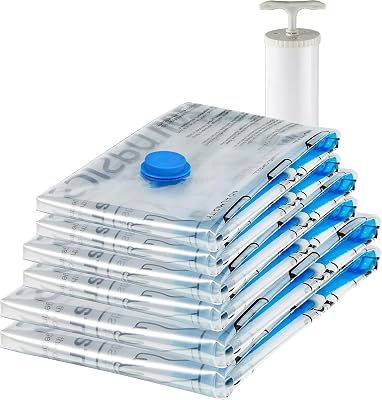 Vakuumkompressions-Aufbewahrungsbeutel mit Handpumpe, Reißverschluss, 6er-Pack (2 x Jumbogröße, 2 x Größe L, 2 x Größe M), Mehrere, Farblos, Transparent