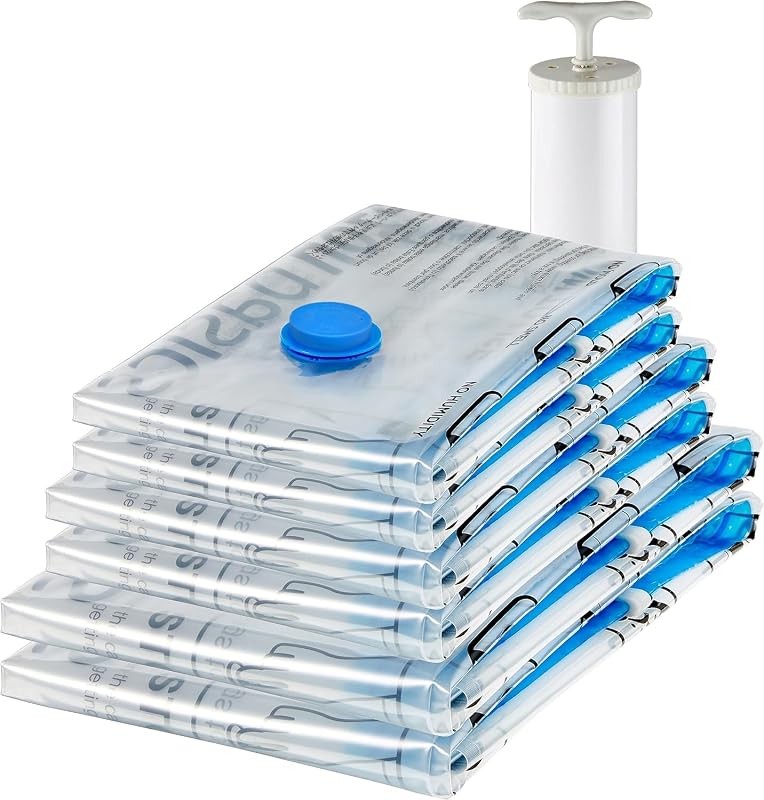 Vakuumkompressions-Aufbewahrungsbeutel mit Handpumpe, Reißverschluss, 6er-Pack (2 x Jumbogröße, 2 x Größe L, 2 x Größe M), Mehrere, Farblos, Transparent