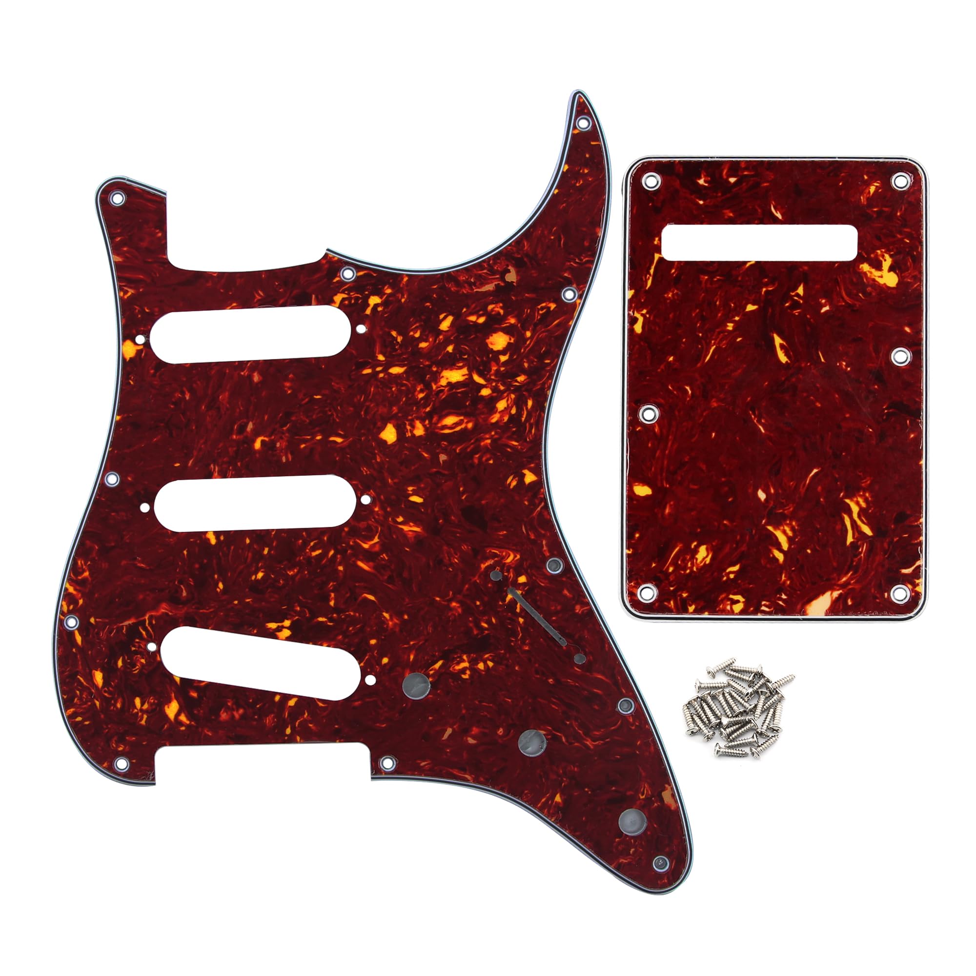 FLEOR Set of 11 Holes SSS Style Pickguard and Tremolo Cavity Cover Back Plate with Screws for US/Mexican Standard ST Guitar Parts,4Ply Red Tortoise