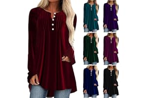 PIUWRLZ Women's Velvet Tunics Shirts Fashion Solid Gold Velour T Shirt Loose Long Sleeve Button V-Neck Pullover Tops