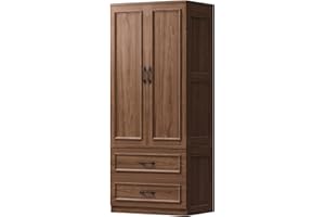 LIKIMIO Armoire Wardrobe Closet with 2 Doors and 2 Drawers 70" H x 28" W Wooden Bedroom Freestanding Wardrobe Combination for Hanging Clothes, Walnut
