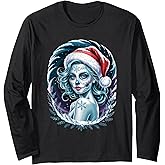 Christmas Sugar Skull Art Woman Santa Hat Festive Design Long Sleeve T-Shirt