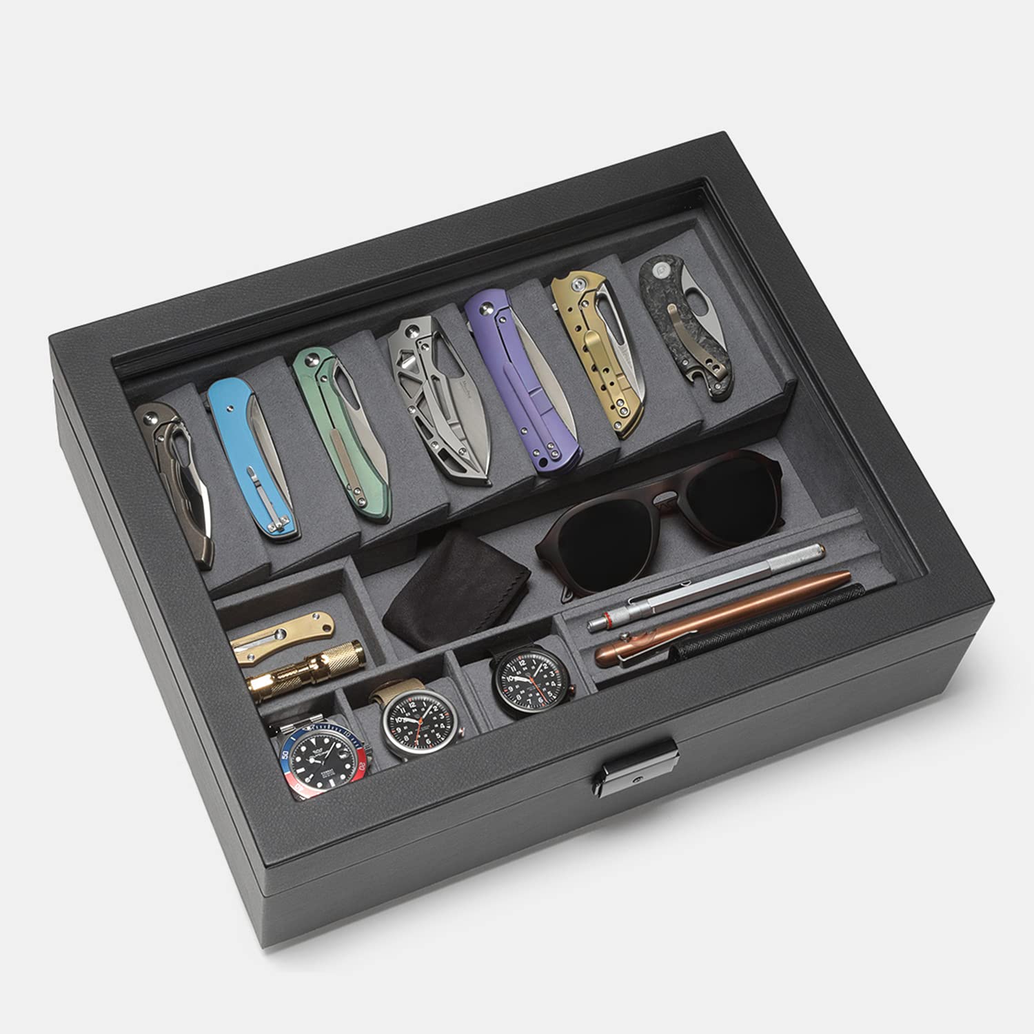 Kaviso Cache Display Valet - EDC, Blade, Watch, and Jewelry Locking Storage Case, USB Pass-through, Microfiber Lining, Faux Leather, Stackable (Valet) Black