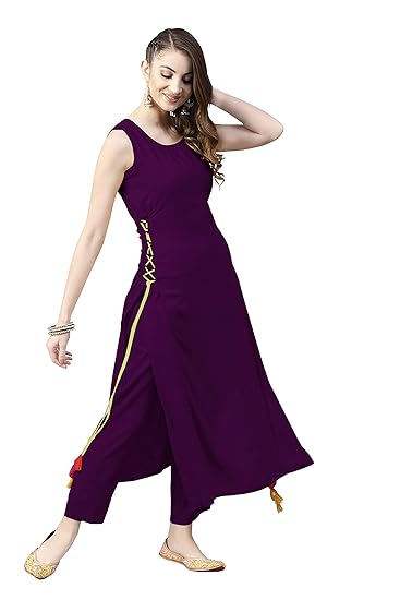 Rayon Fabric Sleeveless Round Neck Solid Casual Fancy Long Kurtis for Women