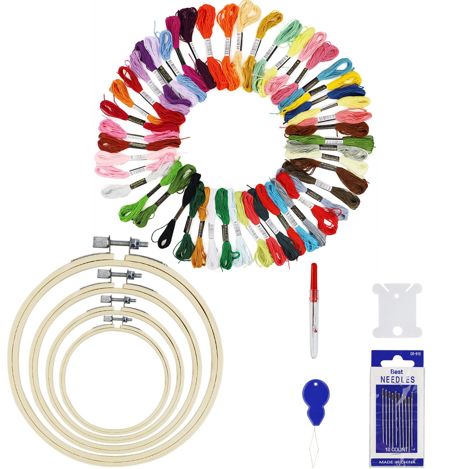 LAMXD 50 Pcs Embroidery Threads, Cross Stitch Threads, Embroidery Floss, Bracelets Floss, Crafts Floss Rainbow Color with Free Embroidery Needles,Floss Bobbins, Bamboo Embroidery Hoop