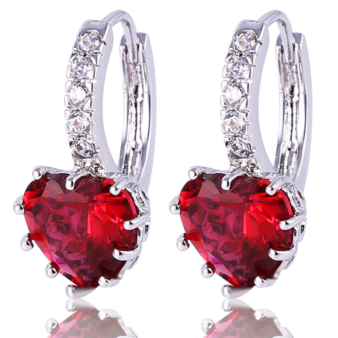 GULICX Valentine Girl Jewellery 925 Sterling Silver Heart Ruby Color Red Hoop Earrings for Girls