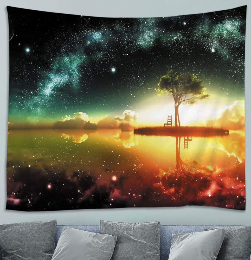 Tapestry Wall Hanging Starry Night Lake Reflection, Galaxy Tree Psychedelic, Awesocrafts Tapestries for Bedroom College Dorm Living Room Wall Decor Art (Tree, 59x79 inch)