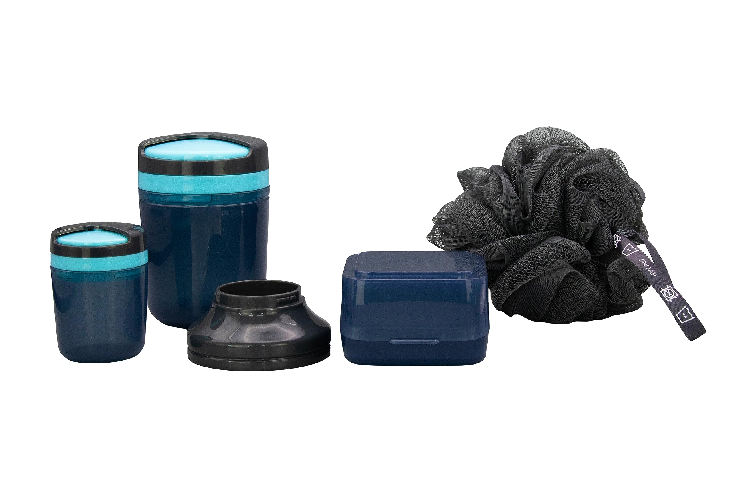 SNOAP Erebus Accessories Bundle - Anthracite Grey & SNOAP Blue - Large & Small On-the-Go Dispensers, Funnel, Recycled Ocean Plastic Shower Puff & SNOAP Box - Main Dispenser NOT Included