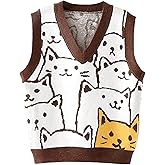 Gihuo Womens Cat Sweater Vest V Neck Y2k Graphic Knitted Vests Pullover Sleeveless Knitwear Cute Tunic Knit Top