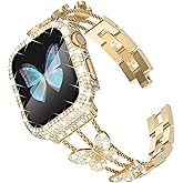 WINGLE for Gold Apple Watch Band and Case Women 44mm SE 3/2/1 Series 6 5 4, Butterfly Sparkle Diamond Metal Bands Rhinestone Crystal Bracelet iWatch Jewelry Chain with Bling Screen Protector, 44 mm