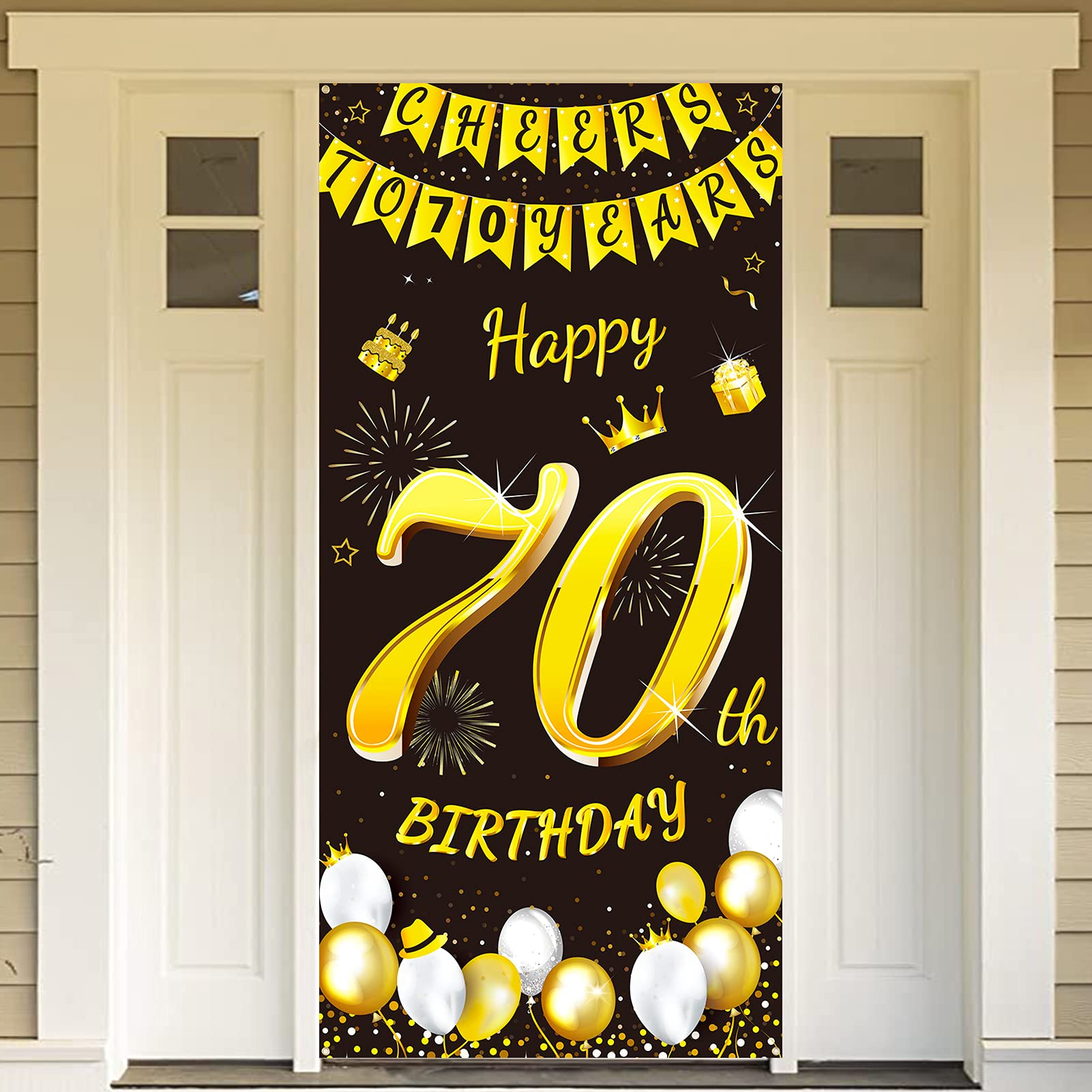 DPKOW Black Gold 70th Birthday Decoration for Man Woman, Black Gold 70th Birthday Banner for Backdrop Door Decoration Garden Table Wall, 185 x 90cm Fabric