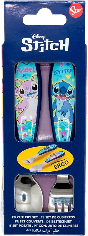 Set 2 Couverts Enfant Stitch Acier Inoxydable Fourchette et Cuillère avec Manche Décoré pour Enfants