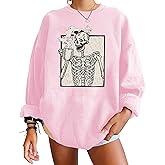 Meladyan Halloween Skull Graphic Print Fleece Oversized Sweatshirt Crewneck Long Sleeve Drop Shoulder Pullover Pink