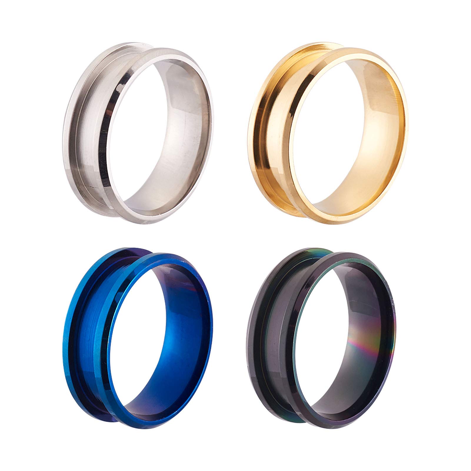 PandaHall 4pcs Stainless Steel Inlay Ring Core Blanks 4 Colors 7.5mm Wide Round Grooved Finger Ring for Inlay Ring Jewelry Making Men Women