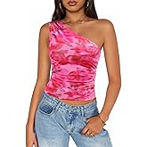 ZESICA Womens Summer Floral Going Out Tank Tops 2026 Off Shoulder Slim Fit Y2K Crop Mesh Top Beach Vacation Outfits