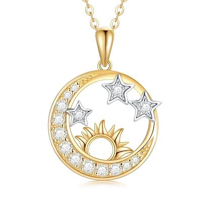 14k Solid gold sun moon star necklace 