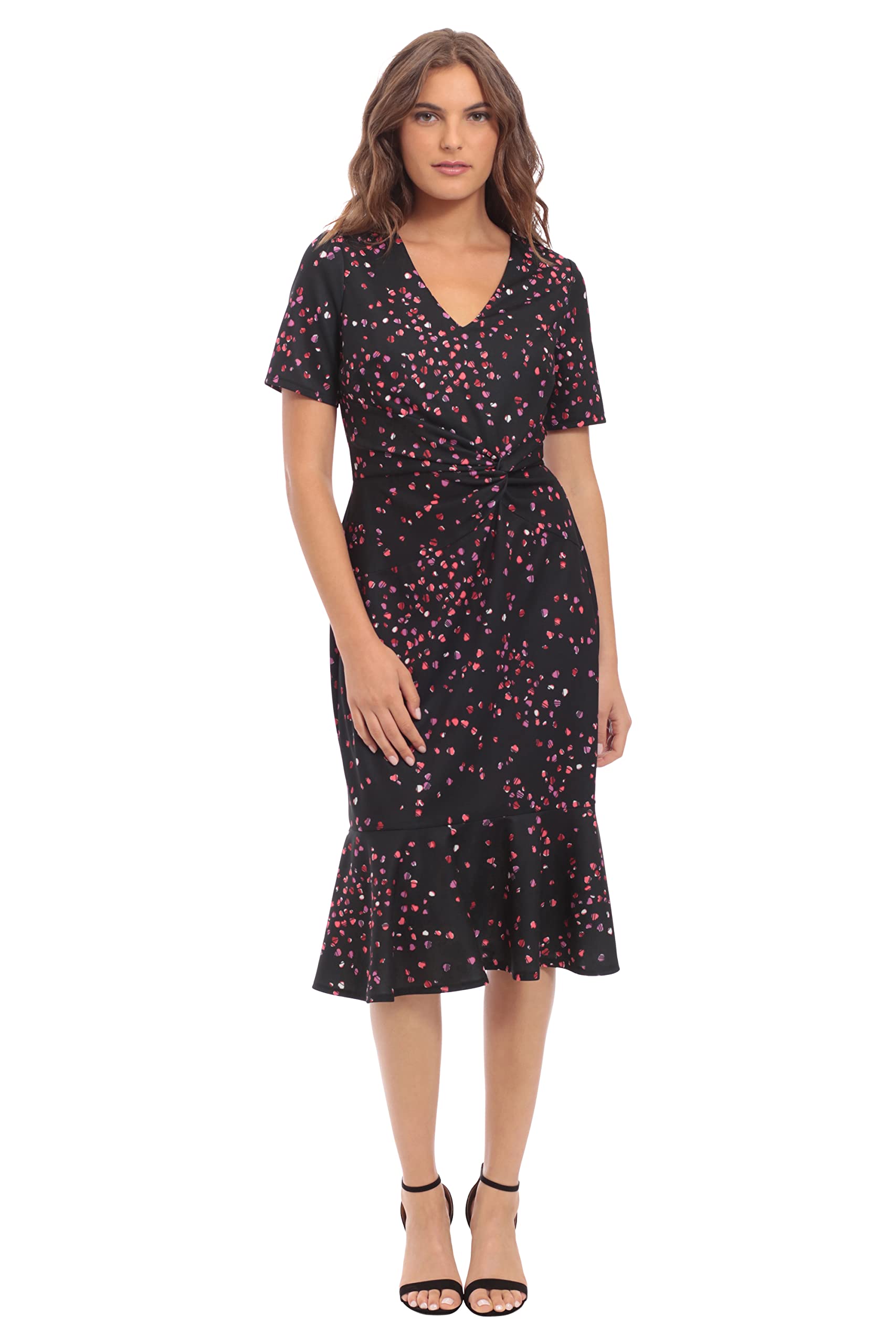 London Times Women’s Dresses V-Neck Polished Flounce Hem Twist Waist Detail Feminine Office Event Guest of