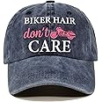 Pishovi Biker Hair Don't Care Distressed Washed Blue Baseball Cap, Vintage Adjustable Cotton Cap, Retirement Gift for Women, Biker Cap for Mom BFF, Birthday for Motorcycle Enthusiast