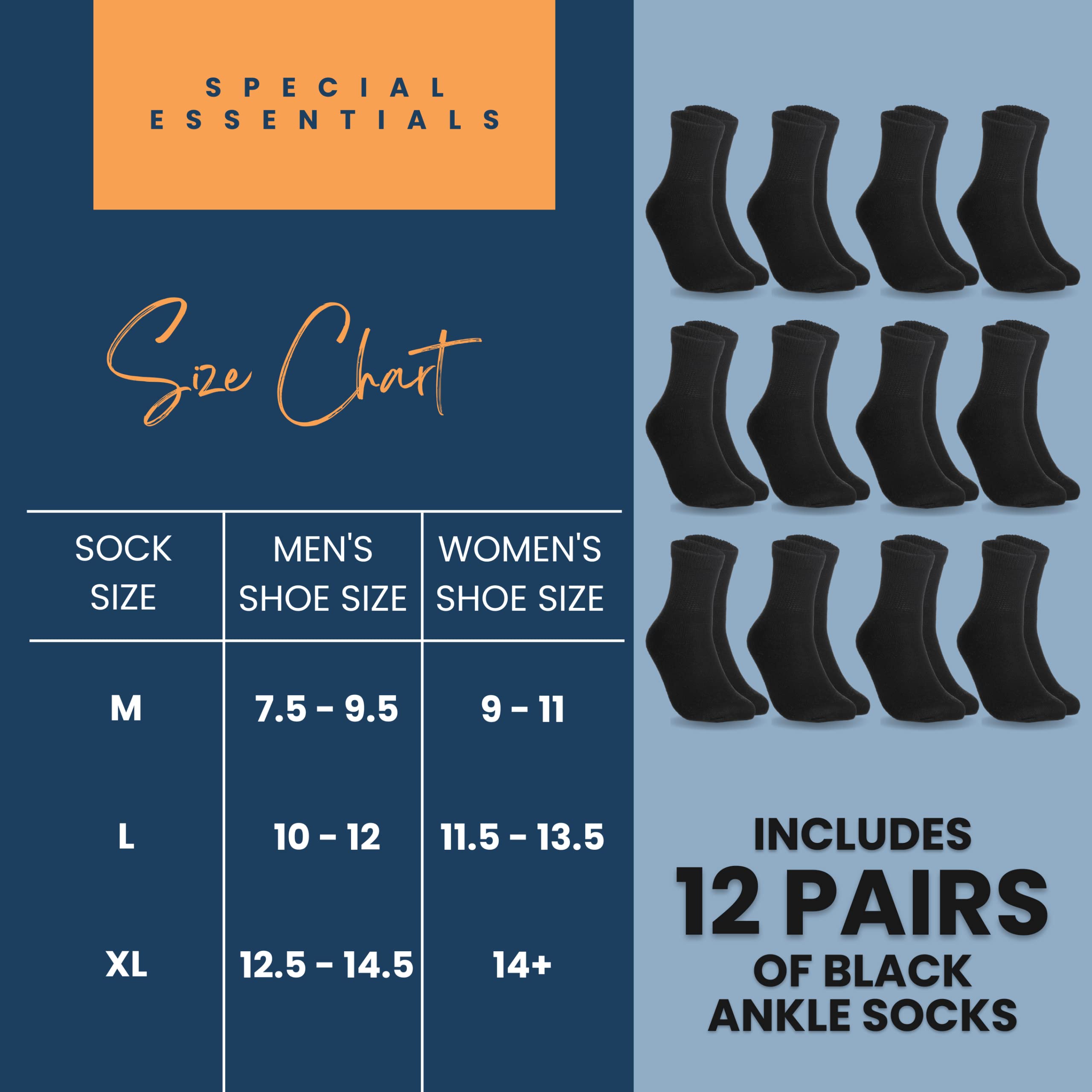 Special Essentials Diabetic Socks for Men & Women – 12 Pairs of Non-Binding Moisture-Wicking Neuropathy Socks – Ankle Length