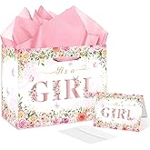 Pink Baby Shower Party Gift Bag, Large 'It's a Girl' Gift Bag with Handle, Tissue Paper and Card, Floral Design Pink Wrapping Paper for Kids Baby Girl Shower, Birthday Party Decorations Supplies