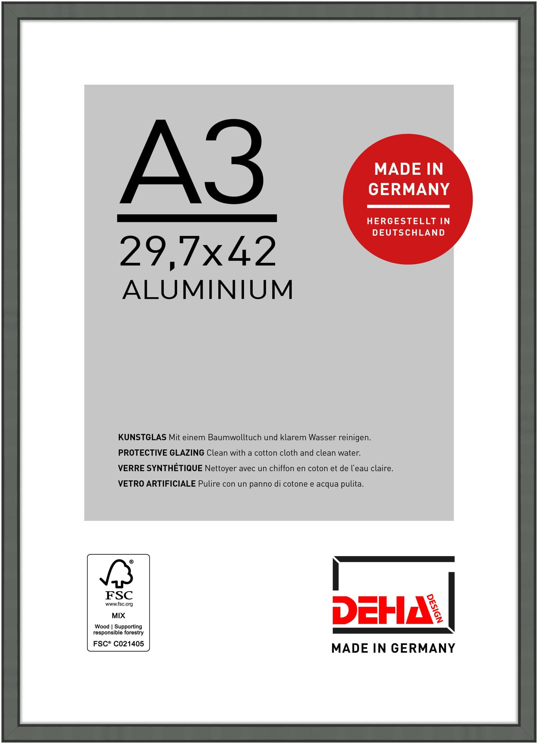 DEHA Design Boston Aluminium Picture Frame - A3 (29.7x42 cm) – Grey - with Synthetic Glass and Push/Turn Clips