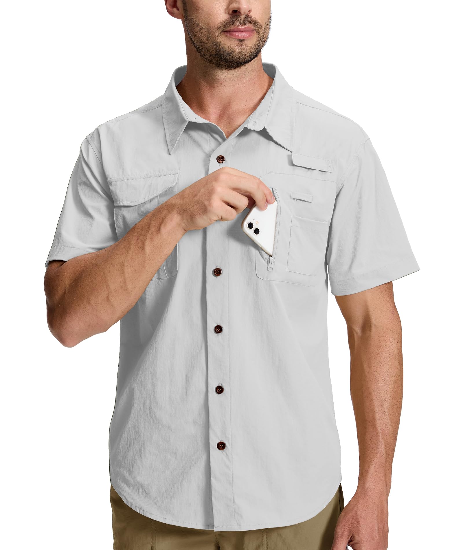 Photo 1 of Men's Fishing Shirt Sun Protection Short Sleeve Cooling Button Down Shirts for Hiking Travel White medium