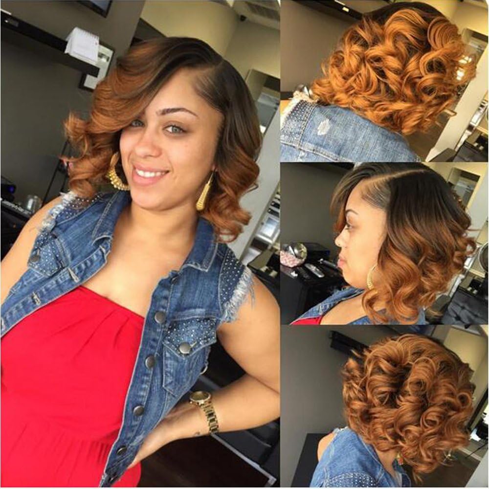 Glueless Full Lace Two Tone Short Wavy Ombre Human Hair Wig #1B/#30 Color Virgin Brazilian Ombre Bob Lace Front Wig for Black Women (12 inches, full lace wig)