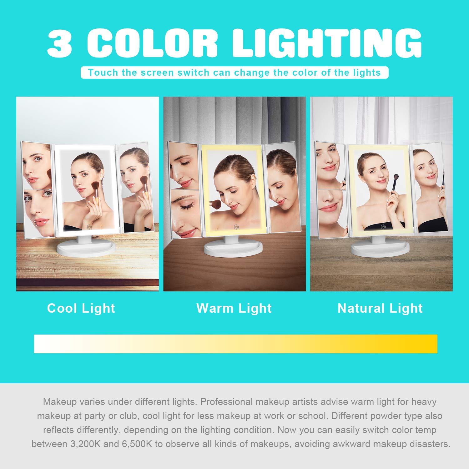 KOOLORBS Makeup Mirror with Lights, 3 Color Lighting Vanity Mirror with 72LEDs, 1x 2X 3X Magnification, Touch Control, Portable Cosmetic Lighted Makeup Mirror : Beauty