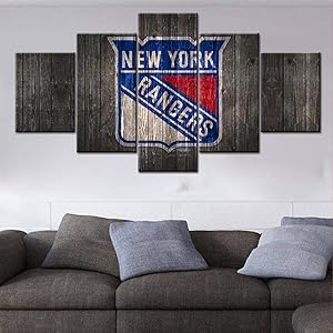 TUMOVO New York Rangers Wall Art National Hockey League Canvas Prints PaintingThe USA Ice Puck Team Art Decor Wall Poster Man's Bedroom Decoration Picture Wooden Framed Ready to Hang(60Wx32H inches)