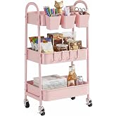 danpinera 3-Tier Rolling Cart, Metal Rolling Storage Cart with Wheels | Heavy Duty Cart Organizer With Plastic 4 Hooks &amp; 3 Hanging Cups, Great For Nursery, Craft, Art, Kitchen