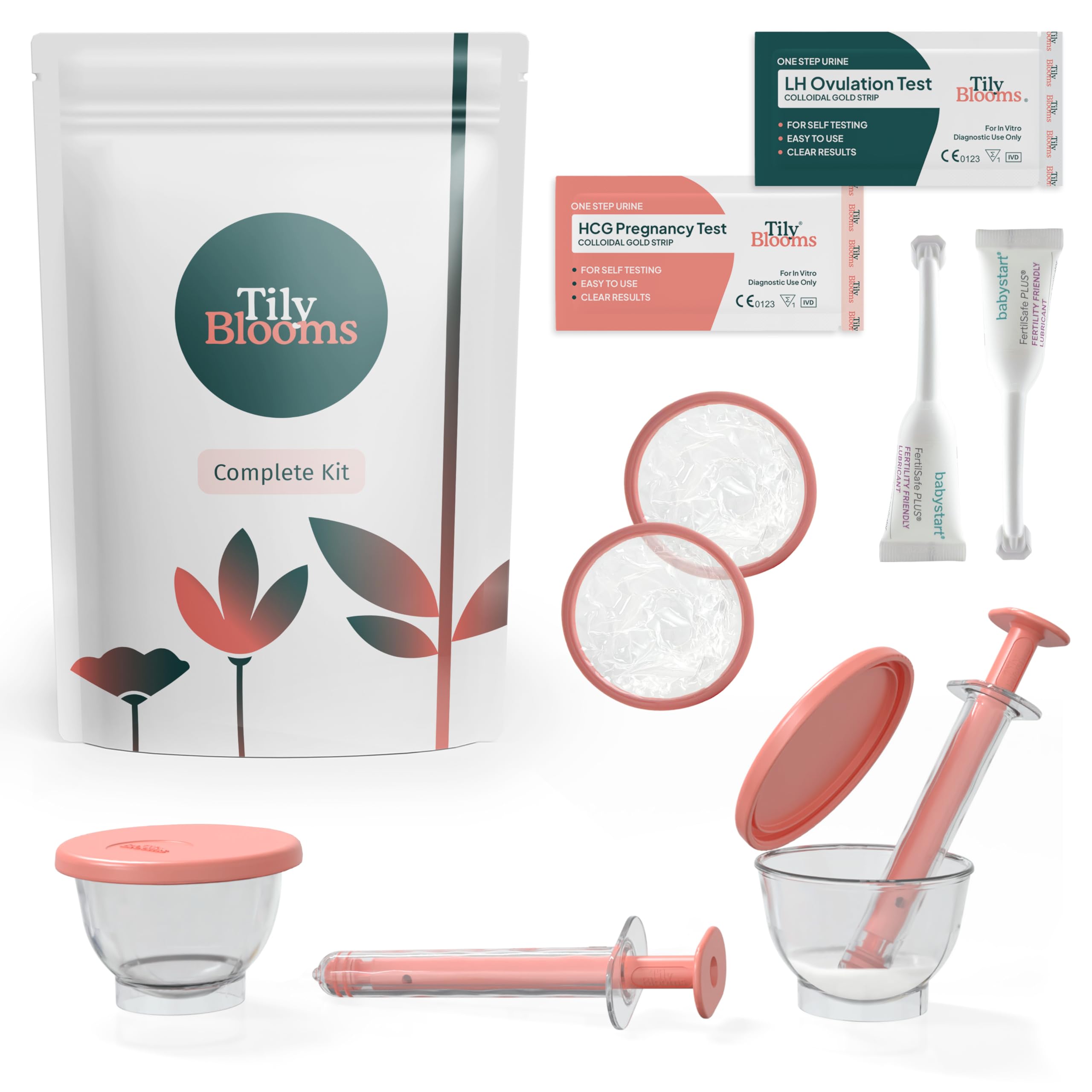 Tily Blooms Complete Home Insemination Kit โ Made in the UK, MHRA Compliant, Fertility Syringes, Collection Cups, Soft Discs, Fertility Lubricant, Ovulation & Pregnancy Test (Complete Kit)