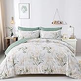 WONGS BEDDING Botanical Comforter Set Queen, 7 Pieces Green Reversible Bed in a Bag Floral Leaves Bedding Soft Microfiber Queen (1 Comforter,2 Pillowcase,2 Pillow Shams,1 Flat Sheet,1 Fitted Sheet)