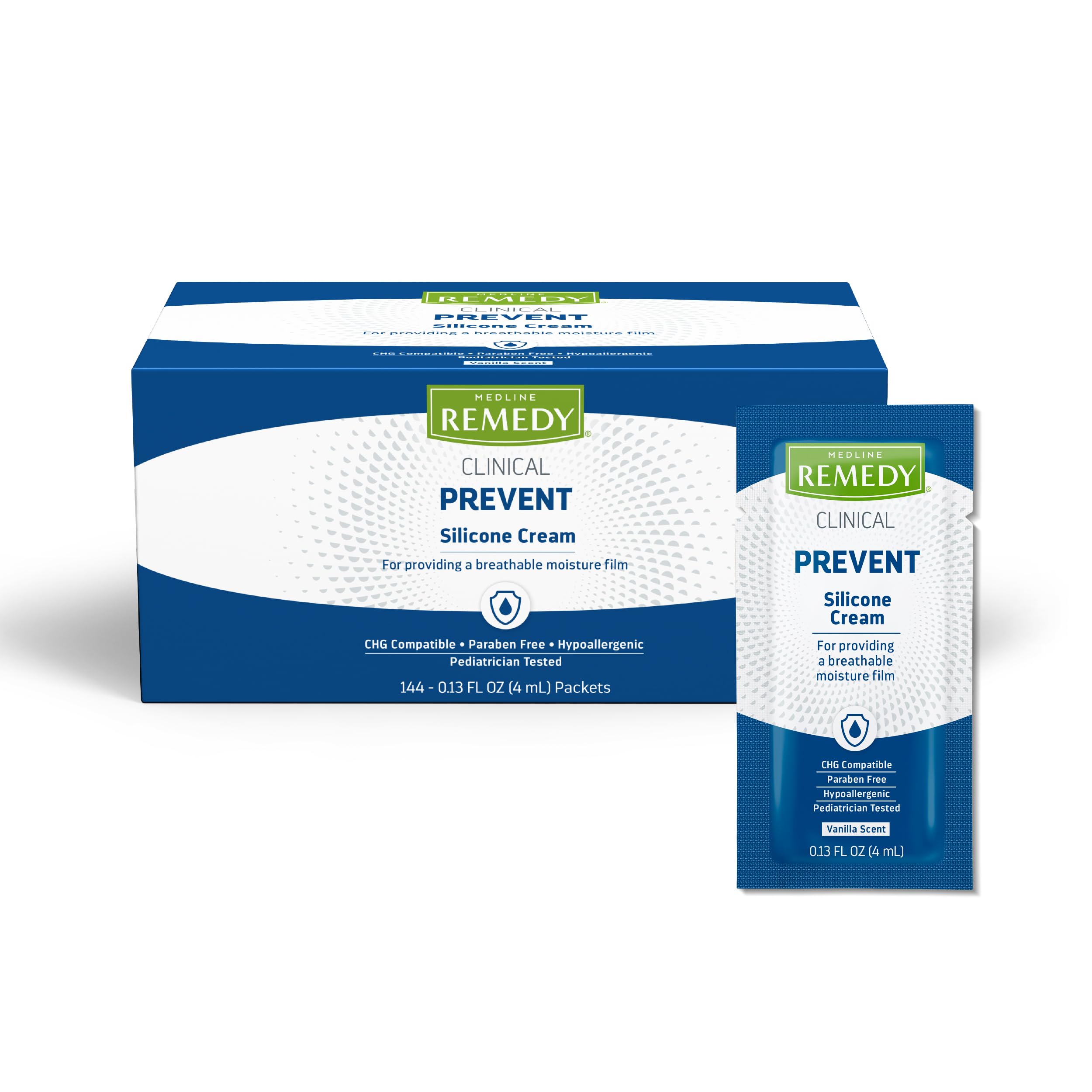 Medline Remedy Clinical Silicone Cream, 144 Packets (0.13 fl oz), Vanilla Scent, Breathable Film, Soothing, Moisturizing, Nourishing, Hydrating Skin Care, For Cracked, Chapped, Sensitive Skin