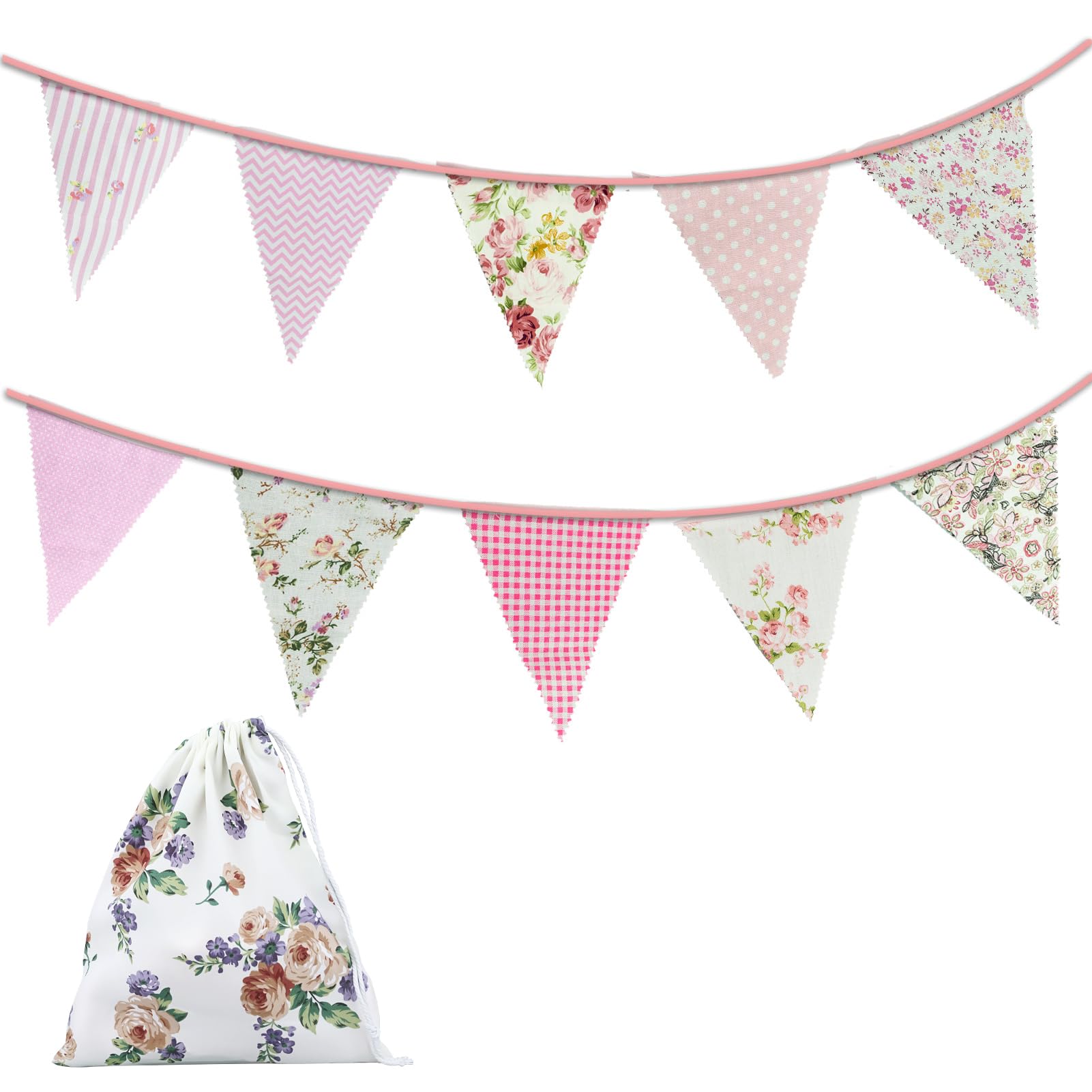 22 Feet Fabric Bunting Banner 24 Pieces Vintage Bunting Pennant Flags Reusable Cotton Triangle Banner Flag Garland for Wedding Birthday Party Baby Shower Home Garden Decoration, Pink