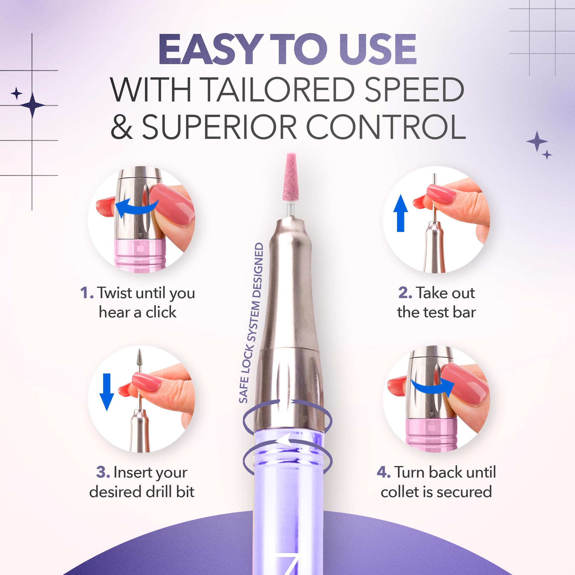 M Mase- Professional Nail Drill Machine - Coreless 2-in-1 Nail File - Electric, Cordless, 35000 RPM, HD Display - Electric Nail Drill for Professional & Home Use (Violet) - Image 6