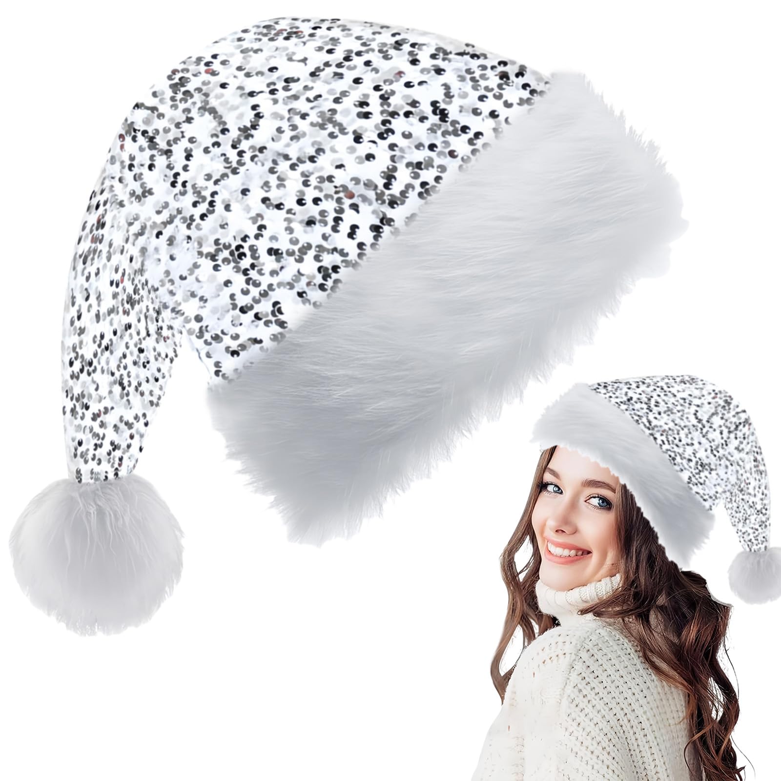 Silver Santa Hat Christmas Hats 35*45cm for Adults,Kids,Shiny Sequin Xmas Hat Plush Santa Claus Hat,Unisex Velvet Father Christmas Hat Costume,Christmas Party Hats Cap for Xmas New Year Party Gifts