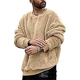 Pengfei Mens Fuzzy Sherpa Pullover Sweatshirts Long Sleeve Fleece Fluffy Crew Neck Fall Winter Warm Outwears Khaki