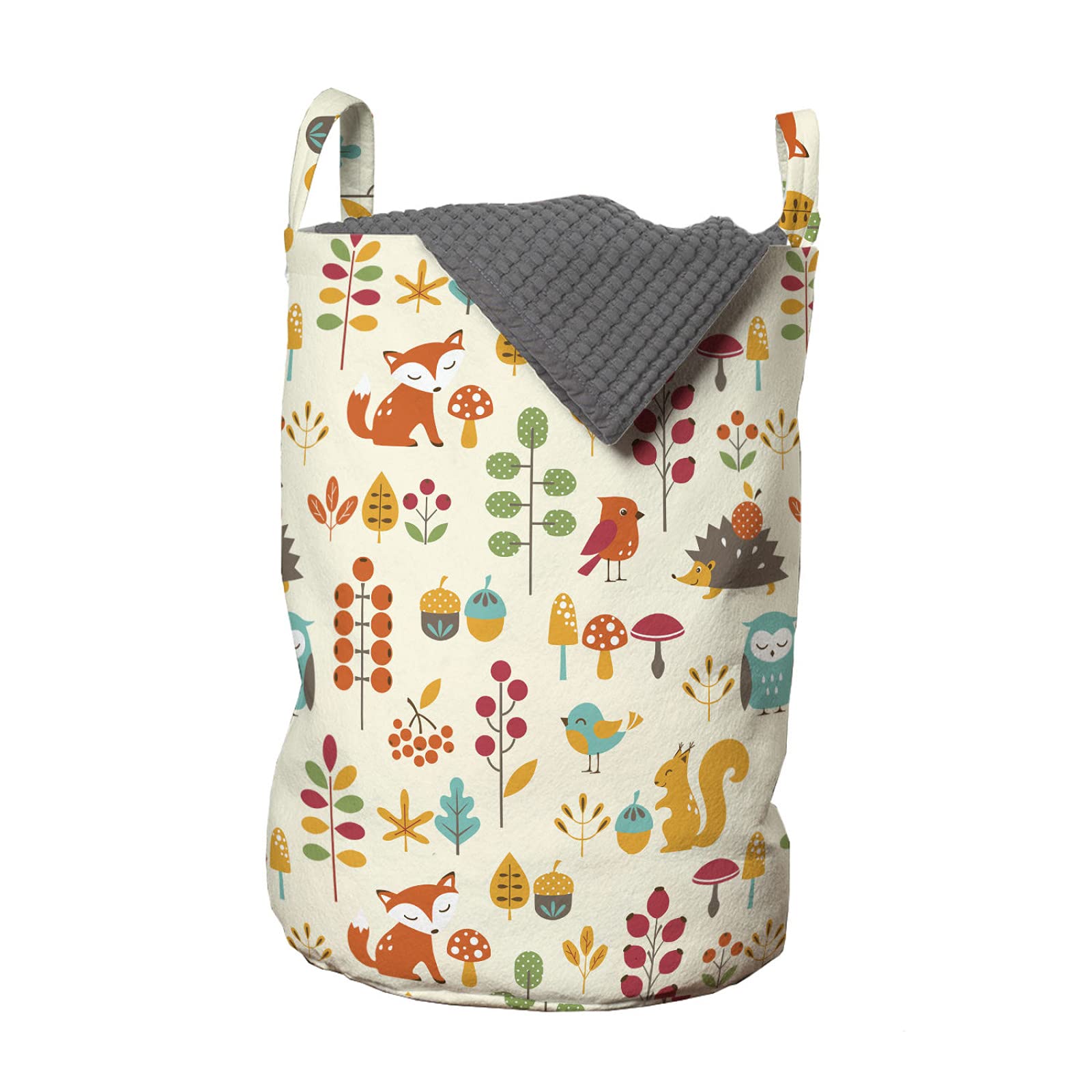 ABAKUHAUS Cartoon Laundry Bag, Autumn Pattern Owl Fox Squirrel Birds Animal Leaves Print, Hamper Basket with Handles Drawstring Closure for Laundromats, 13" x 13" x 19", Multicolored Orange