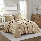 BOURINA Ultrasonic Quilt Set 3-Piece Full/Queen Bedding Set Pre-Washed Microfiber Ultra Soft Lightweight Star Bedspread Coverlet Set for All Season, Taupe