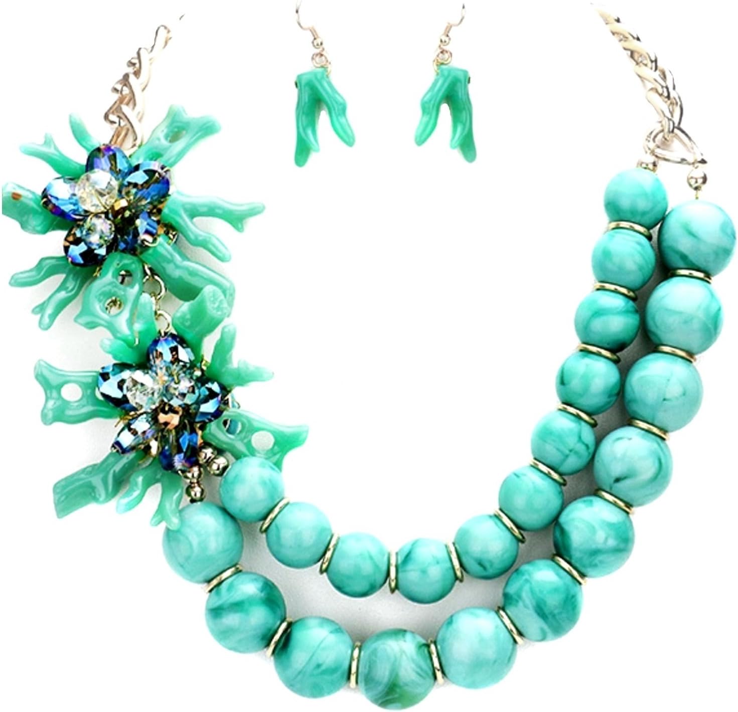 Jewellery Ant Hony Statement Necklace and Earrings/Pendant Flowers Pearls Coral Turquoise Mint Marbled Blue