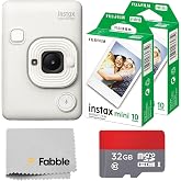 Fujifilm INSTAX Mini LiPlay Hybrid Instant Camera Bundle with 20 Sheets INSTAX Mini Film, 32GB microSD Card, USB Charging Cable, Hand Strap, Cleaning Cloth (Misty White)