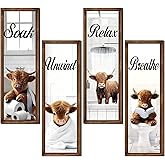 Honoson 4 Pcs Highland Cow Funny Bathroom Decor Wall Art, Bathroom Highland Cow Art Prints Pictures Wooden Relax Soak Unwind Breathe Rustic Farmhouse Wall Decor Signs for Home Spa Laundry 4x12 Inch
