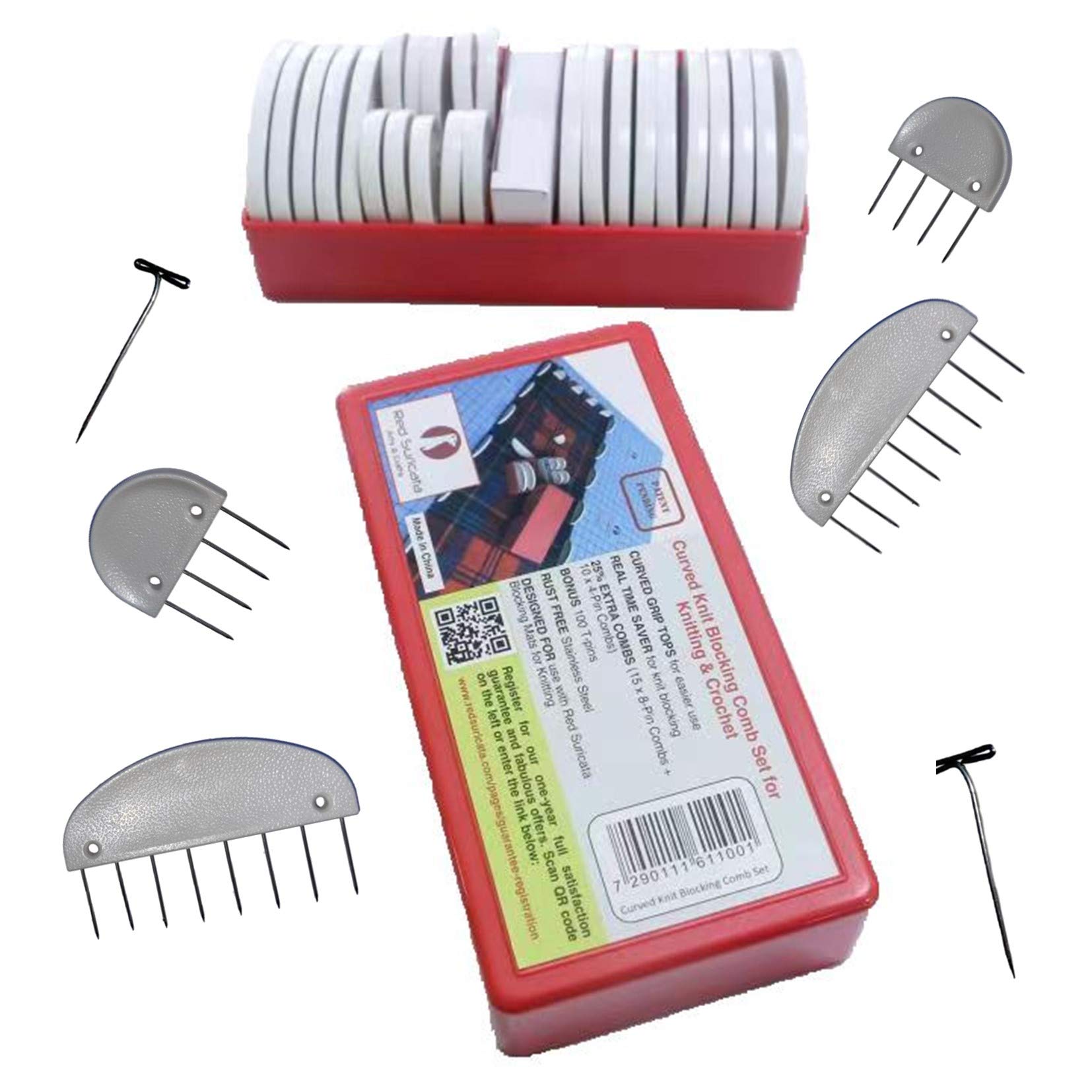 ed Suricata Curved Knit Blocking Combs – Set of 25 Curved Grip Combs for Blocking Knitting & Crochet Projects – Extra 100 T-pins – in Compact Plastic Box – for use with Blocking Mats