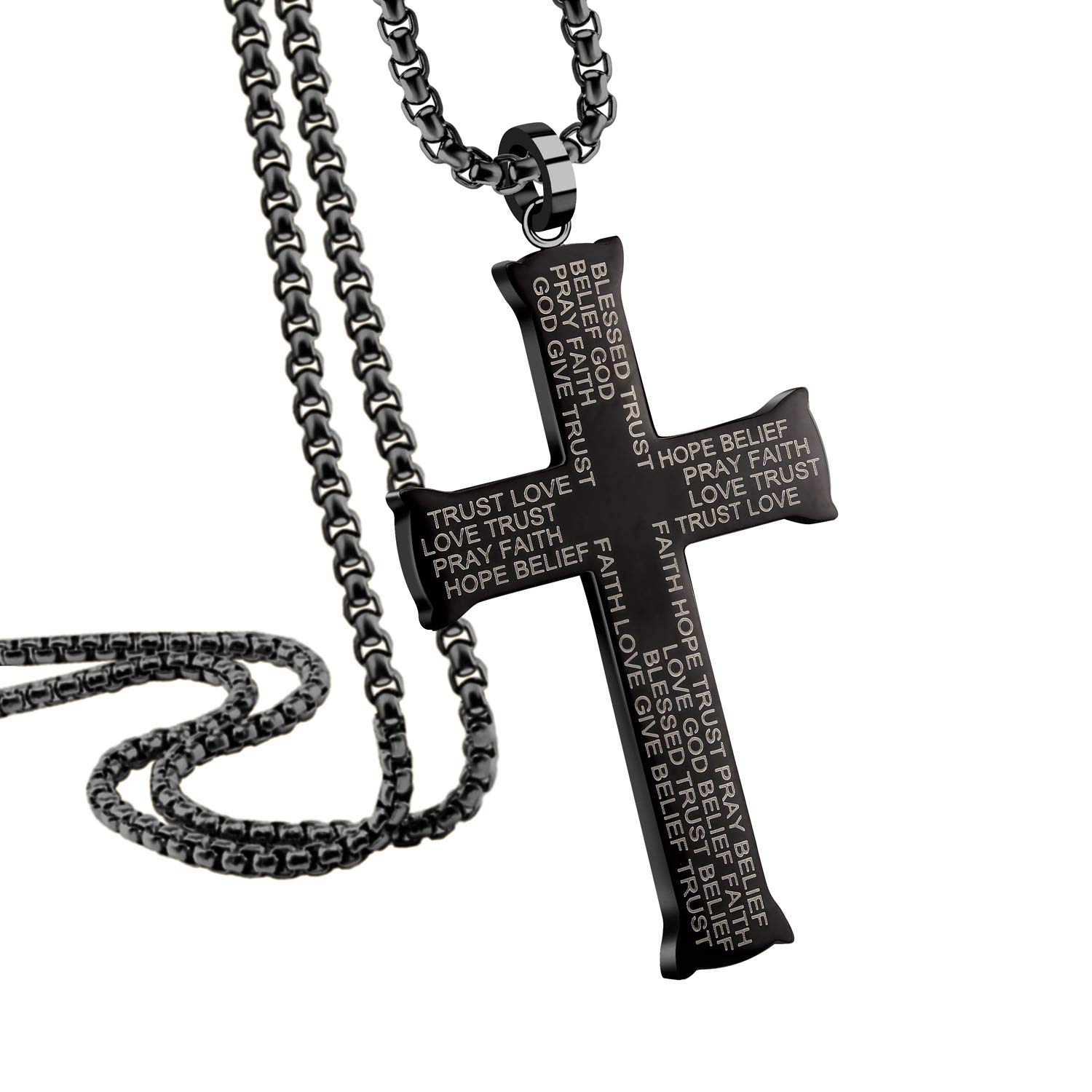 555Jewelry Stainless Steel Cross Necklace for Men, Bible Verse Inspired Evngraving Polished Religious Crucifix Cross Pendant for Men & Women, Black, 22 Inches Box Chain